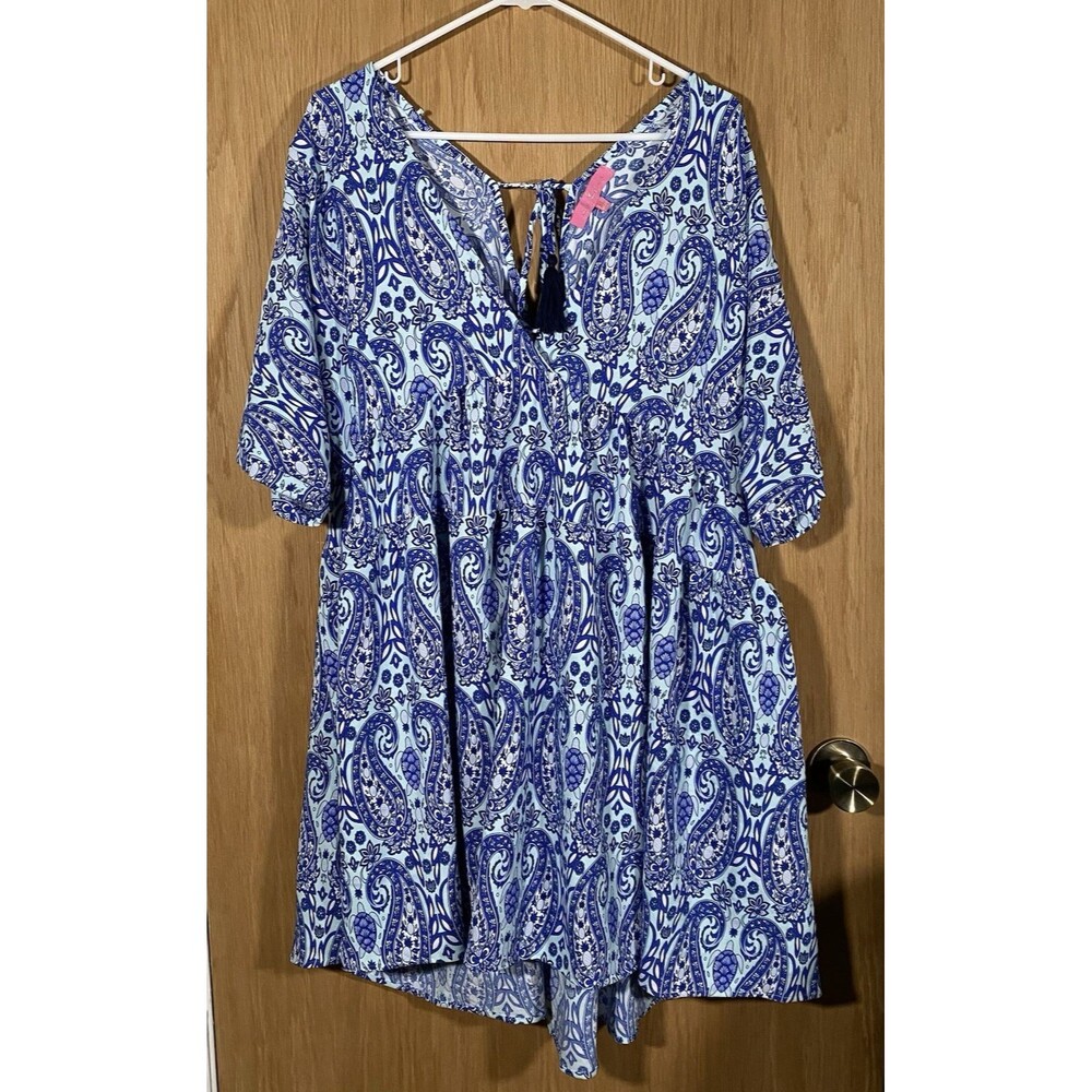 Simply Southern Swim Cover Up Dress Tassel Blue Paisley Sea Turtle Women's Sz XL